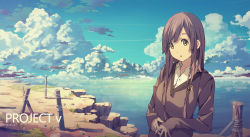 Rule 34 | 1girl, brown hair, cliff, cloud, day, english text, eyebrows, horizon, long hair, long sleeves, looking at viewer, ocean, open mouth, original, own hands together, post, rope, scenery, school uniform, sky, solo, stick, sweater, text focus, upper body, v-neck, yellow eyes, yohan12