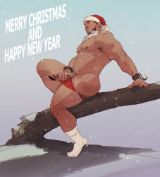 Rule 34 | 1boy, bad id, bad pixiv id, bara, belly, branch, breaking, bulge, christmas, closed eyes, clothing aside, erection, erection under clothes, fake beard, fake facial hair, from side, full body, happy new year, hat, heavy, highres, large pectorals, looking ahead, male focus, male masturbation, male underwear, male underwear aside, masturbation, mature male, merry christmas, muscular, muscular male, navel, new year, nipples, original, pectorals, precum, red hat, santa costume, santa hat, short hair, snowing, socks, solo, sparse chest hair, thick eyebrows, thick thighs, thighs, tooboshoo, topless male, underwear