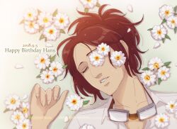 Rule 34 | 1other, brown hair, closed eyes, commentary, dated, flower, flower on face, goggles, goggles around neck, hange zoe, hanpetos, happy birthday, lying, on back, petals, ponytail, portrait, shingeki no kyojin, solo, solo focus