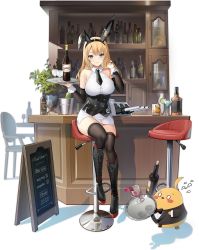 Rule 34 | 1girl, alcohol, animal ears, astoria (azur lane), astoria (black bunny carnival) (azur lane), azur lane, bare shoulders, black bow, black corset, black footwear, black necktie, black thighhighs, blonde hair, blue eyes, boots, bottle, bow, breasts, buttons, corset, cross-laced footwear, detached sleeves, double-breasted, fake animal ears, hand in own hair, highres, holding, holding tray, knee boots, lace-up boots, large breasts, looking at viewer, manjuu (azur lane), miniskirt, necktie, official alternate costume, official art, rabbit ears, shirt, sitting, skirt, solo, thighhighs, transparent background, tray, vilor, white shirt, white skirt, wine bottle, zettai ryouiki