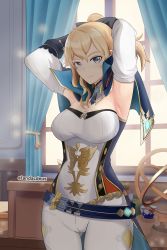 Rule 34 | 1girl, absurdres, armpits, arms up, artist name, bare shoulders, belt, black bow, black gloves, blonde hair, blue belt, blue eyes, bow, breasts, cleavage, commentary, cowboy shot, cup, curtains, detached collar, detached sleeves, genshin impact, gloves, gluteal fold, hair bow, highres, indoors, jean (genshin impact), landacdeus, large breasts, leggings, long hair, looking at viewer, pants, ponytail, smile, solo, standing, strapless, teacup, tube top, twitter username, white pants, window