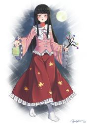 Rule 34 | 1girl, absurdres, arms up, artist name, autumn leaves, black hair, blouse, blue sky, blush, bow, bowtie, branch, brown eyes, collared shirt, frills, full moon, grey background, hands up, high collar, highres, hime cut, houraisan kaguya, jeweled branch of hourai, leaf, leaf print, littiecy, long hair, long skirt, long sleeves, looking at viewer, moon, night, night sky, no shoes, open mouth, package, pink shirt, red skirt, shirt, sidelocks, skirt, sky, socks, solo, tabi, touhou, walking, white background, white bow, white bowtie, white socks, wide sleeves