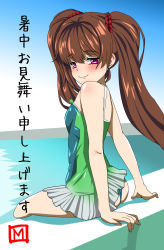 Rule 34 | 1boy, androgynous, ass, bare legs, bare shoulders, barefoot, blush, brown hair, clothing cutout, covered navel, embarrassed, green one-piece swimsuit, highres, long hair, long twintails, looking at viewer, looking back, looking to the side, m-eiji, navel cutout, nipples, one-piece swimsuit, pink eyes, sitting, skindentation, smile, solo, swimsuit, taimanin (series), taimanin asagi, taimanin rpgx, translation request, trap, twintails, uehara shikanosuke, very long hair, water