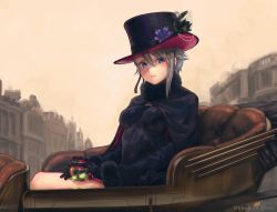 Rule 34 | 1girl, ange (princess principal), black cape, black dress, black gloves, black hat, blue eyes, blush, cape, carriage, closed mouth, commentary request, dress, fine art parody, flower, fur collar, fur trim, genso, gloves, grey hair, hair between eyes, hat, hat flower, hat ornament, light smile, long sleeves, looking at viewer, outdoors, parody, princess principal, short hair, sitting, solo, top hat, twitter username