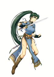Rule 34 | 1girl, absurdres, boots, breasts, brown footwear, dress, earrings, fingerless gloves, fire emblem, fire emblem: the blazing blade, fire emblem heroes, full body, gloves, green eyes, green hair, highres, holding, holding sword, holding weapon, injury, jewelry, knee boots, long hair, lyn (fire emblem), medium breasts, nintendo, official art, pelvic curtain, ponytail, ryona, scan, simple background, solo, sword, torn clothes, very long hair, weapon, white background, yamada koutarou