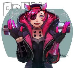 Rule 34 | 1girl, animification, apex legends, black gloves, black headwear, black jacket, blue eyes, cable, chizu (kurukuro), copyright name, cyber punked wattson, electricity, eyepatch, gloves, grey choker, highres, hood, hooded jacket, horns, jacket, mechanical arms, official alternate costume, one eye covered, open hands, pink hair, signature, single mechanical arm, smile, solo, wattson (apex legends)