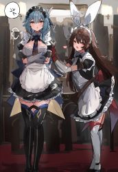 Rule 34 | 2girls, :o, absurdres, alternate costume, amber (genshin impact), anger vein, apron, black dress, black hairband, black thighhighs, blue hair, brown eyes, commentary request, dress, enmaided, eula (genshin impact), frilled apron, frills, genshin impact, hair between eyes, hair ornament, hairband, highres, looking at viewer, maid, medium hair, multiple girls, one eye closed, open mouth, parted lips, partial commentary, petticoat, puffy short sleeves, puffy sleeves, short sleeves, spoken anger vein, standing, the olphy, thighhighs, white apron, white thighhighs, zettai ryouiki