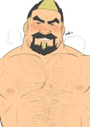 Rule 34 | 1boy, abs, bara, beard stubble, breath, brown eyes, chest hair, come hither, crave saga, facial hair, goatee, hairy, looking at viewer, male focus, masa (mshk s), mature male, multicolored hair, mustache, navel, navel hair, nipples, noche (crave saga), nude, seductive smile, short hair, sideburns, sideburns stubble, smile, solo, spiked hair, stomach, strongman waist, stubble, sweat, thick mustache, two-tone hair, upper body, v-shaped eyebrows, very sweaty