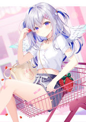 Rule 34 | 1girl, amane kanata, arm up, bag, bandaid, bandaid on leg, blue hair, blue wings, blush, bow, breasts, cleavage, closed mouth, collarbone, commentary request, crop top, feathered wings, feet out of frame, food, fruit, gradient wings, grey hair, grey shorts, hair bow, hair intakes, hair ornament, hairclip, highres, holding, holding food, hololive, in shopping cart, long hair, midriff, multicolored hair, multicolored wings, myusha, nail polish, navel, pink nails, shirt, shopping cart, short shorts, short sleeves, shorts, shoulder bag, small breasts, smile, solo, strawberry, strawberry bag, streaked hair, two-tone hair, two side up, virtual youtuber, white bow, white shirt, white wings, wings