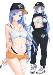 Rule 34 | 1girl, arm behind back, artist name, bare arms, bare shoulders, baseball cap, black headwear, black pants, blue eyes, blue hair, breasts, camisole, candy, chaesu, cleavage, collarbone, commentary, cowboy shot, crop top, food, full body, hat, highres, holding, holding food, lollipop, long hair, long sleeves, looking at viewer, medium breasts, micro shorts, midriff, bae minah (chaesu), multiple views, navel, orange shorts, original, pants, panty straps, projected inset, shoes, short shorts, shorts, shrug (clothing), simple background, sneakers, spaghetti strap, standing, stomach, strap slip, swept bangs, symbol-only commentary, thighs, very long hair, white background, white footwear
