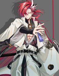 Rule 34 | 1boy, absurdres, belt, black belt, black hair, commentary request, dragon print, earrings, eyebrow cut, fate/grand order, fate (series), feet out of frame, highres, hitotaba727, holding, holding sword, holding weapon, jacket, japanese clothes, jewelry, katana, long hair, long sleeves, looking at viewer, looking away, male focus, multicolored hair, pectoral cleavage, pectorals, red eyes, red hair, shadow, smile, solo, streaked hair, sword, takasugi shinsaku (fate), tassel, teeth, toned, toned male, underpec, weapon, white hair, white jacket