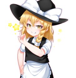 Rule 34 | 1girl, absurdres, apron, black hat, black skirt, black vest, blonde hair, blush, bow, braid, brown eyes, commentary request, frilled apron, frills, grin, hair between eyes, hand on own hip, hat, hat bow, highres, index finger raised, kirisame marisa, kirisame mia, long hair, looking at viewer, outline, pink outline, puffy short sleeves, puffy sleeves, shirt, short sleeves, simple background, single braid, skirt, smile, solo, star (symbol), star in eye, symbol in eye, touhou, v-shaped eyebrows, vest, waist apron, white apron, white background, white bow, white shirt, witch hat