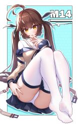 Rule 34 | 1girl, absurdres, ass, battle rifle, blue background, blue skirt, boblan53070496, border, brown hair, feet, girls&#039; frontline, gun, highres, jacket, legs, long hair, long sleeves, looking at viewer, m14, m14 (girls&#039; frontline), no shoes, orange hair, outside border, panties, rifle, skirt, sleeves past wrists, solo, star (symbol), starry background, thighhighs, toes, twintails, underwear, very long hair, weapon, white border, white panties, white thighhighs, yellow jacket