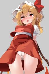 Rule 34 | 1girl, :o, arms at sides, blonde hair, blush, bow, commentary request, crystal, eyelashes, flandre scarlet, grey background, hat, hat bow, highres, kamukamu (ars), low wings, mob cap, one side up, open mouth, panties, pantyshot, parted lips, pointy ears, puffy short sleeves, puffy sleeves, red bow, red eyes, red skirt, red vest, shirt, short hair with long locks, short sleeves, side ponytail, sidelocks, simple background, skirt, solo, standing, thighs, touhou, underwear, vest, white hat, white panties, white shirt, wings