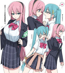 &gt;_&lt; 2girls absurdres armband black_hairband black_jacket blue_eyes blue_hair blush bow bowtie breasts brown_cardigan cardigan cardigan_around_waist channel_(caststation) cheek_pull clothes_around_waist commentary cowboy_shot diagonal-striped_bow diagonal-striped_bowtie diagonal-striped_clothes face-to-face fang green_armband hair_ornament hairband hairclip hatsune_miku heart highres jacket large_breasts long_hair looking_at_viewer megurine_luka multiple_girls multiple_views open_mouth pink_bow pink_bowtie pink_hair scrunchie simple_background smile speech_bubble spoken_heart striped_clothes sweat tented_shirt translation_request triple_ryuunen twintails upper_body very_long_hair vocaloid white_background wing_collar wrist_scrunchie yellow_scrunchie