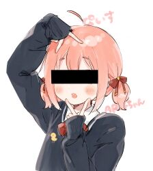 Rule 34 | 1girl, ahoge, arm up, aruko okara, bar censor, black cardigan, blush, bow, bowtie, cardigan, censored, character name, chestnut mouth, collared shirt, double v, duck print, finger to own chin, hair bow, highres, identity censor, indie virtual youtuber, low twintails, m ydayo, pink hair, red bow, red bowtie, shirt, short eyebrows, short twintails, simple background, sleeves past wrists, solo, tokumei radio, twintails, upper body, v, virtual youtuber, white background, white shirt