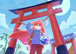 Rule 34 | 1girl, ahoge, arm up, backpack, bag, blue coat, blue sky, blush stickers, celeste (video game), cloud, coat, day, fuwamoko momen toufu, highres, long hair, looking away, madeline (celeste), outdoors, parted lips, red eyes, red hair, sky, solo, torii