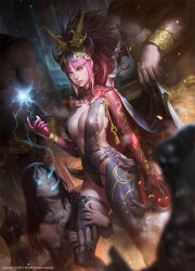 Rule 34 | 2boys, 2girls, black hair, breasts, cleavage, commentary, demon girl, hair ornament, headdress, kilart, lips, long hair, looking at viewer, magic, multiple boys, multiple girls, original, pink eyes, pink hair, ponytail, revealing clothes, revision, solo focus, thigh strap, thighhighs, torn clothes