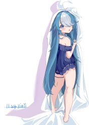 Rule 34 | 1girl, :o, azur lane, bare legs, barefoot, blanket, blue eyes, blue hair, blush, camisole, chinese commentary, choker, commentary request, dated, feet, from behind, full body, hair over one eye, long hair, looking at viewer, maille-breze (azur lane), maille-breze (the noble knight&#039;s last stand) (azur lane), multicolored hair, official alternate costume, open mouth, pajamas, pigeon-toed, ribbon choker, signature, simple background, solo, standing, streaked hair, swept bangs, thigh strap, very long hair, white background, white hair, xinyi