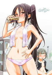 Rule 34 | 10s, 2girls, = =, alcohol, beer, black hair, blush, breasts, brown eyes, can, drinking, electric fan, hair down, kantai collection, looking at viewer, multiple girls, nachi (kancolle), navel, no pants, open clothes, open mouth, open shirt, orange panties, panties, purple panties, shirt, side ponytail, small breasts, smile, sogabe toshinori, topless, towel, towel around neck, towel over breasts, underwear, underwear only, vending machine, wide hips, yuubari (kancolle)