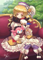 Rule 34 | 10s, 1girl, 2011, adapted costume, alternate costume, blonde hair, bow, charlotte (madoka magica), cheese, corset, couch, dated, day, doll, hugging doll, embellished costume, food, frills, hat, magical girl, mahou shoujo madoka magica, mahou shoujo madoka magica (anime), no gloves, hugging object, sanmi tenten, scarf, signature, sitting, solo, tomoe mami, tree, twintails, yellow eyes