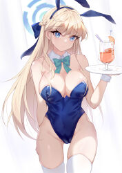 Rule 34 | 1girl, absurdres, animal ears, bare shoulders, blonde hair, blue archive, blue bow, blue eyes, blue hairband, blue leotard, bow, bowtie, braid, breasts, cleavage, closed mouth, cocktail glass, commentary, cup, detached collar, drinking glass, drinking straw, fake animal ears, grapefruit, grapefruit slice, groin, hairband, halo, highleg, highleg leotard, highres, holding, holding plate, large breasts, leotard, long hair, official alternate costume, official alternate hairstyle, plate, playboy bunny, rabbit ears, raised eyebrows, skindentation, solo, syusyuu, thighhighs, thighs, toki (blue archive), toki (bunny) (blue archive), very long hair, white background, white thighhighs, wrist cuffs
