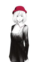 Rule 34 | 1girl, arms at sides, bad id, bad pixiv id, cowboy shot, dress, female focus, hat, monochrome, nib pen (medium), short hair, simple background, solo, sousou (sousouworks), spot color, swept bangs, traditional media, white background