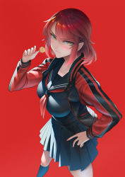 Rule 34 | 1girl, blush, candy, food, from above, frown, hand on own hip, highres, imizu (nitro unknown), jacket, lollipop, looking at viewer, looking up, medium hair, original, red background, red hair, sailor collar, school uniform, socks, solo, yellow eyes