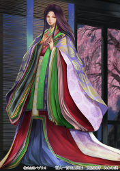 Rule 34 | 1girl, black hair, brown eyes, copyright request, full body, hand up, highres, indoors, japanese clothes, karaginu mo, kimono, layered clothes, layered kimono, long hair, looking at viewer, official art, print kimono, solo, standing, tawawa minoru, tree, very long hair, wide sleeves