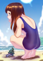 Rule 34 | 1girl, ass, back, barefoot, beach, blue school swimsuit, blue one-piece swimsuit, brown eyes, brown hair, crab, day, dirty, dirty feet, feet, hands on own cheeks, hands on own face, hermit crab, highres, long hair, looking to the side, ocean, one-piece swimsuit, original, outdoors, school swimsuit, seashell, shell, sky, soles, solo, soon (c-u-soon), squatting, swimsuit, tiptoes, water