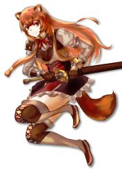 Rule 34 | 1girl, absurdres, animal ears, boots, brown eyes, brown gloves, brown hair, closed mouth, floating hair, full body, gloves, hair tubes, high-waist skirt, highres, holding, holding sheath, holding sword, holding weapon, long hair, long sleeves, looking at viewer, miniskirt, neck ribbon, raccoon ears, raccoon girl, raccoon tail, raphtalia, red ribbon, ribbon, sheath, sheathed, simple background, skirt, smile, solo, sword, tail, tate no yuusha no nariagari, thigh boots, thighhighs, tsugu0302, very long hair, weapon, white background