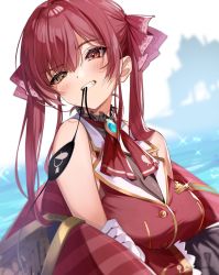 Rule 34 | 1girl, bare shoulders, blush, breasts, cleavage, commentary request, eyepatch, unworn eyepatch, gloves, hair between eyes, hair ribbon, heterochromia, highres, hololive, houshou marine, large breasts, long hair, looking at viewer, mouth hold, red eyes, red hair, red neckwear, red ribbon, ribbon, see-through, see-through cleavage, shuri (84k), solo, twintails, twitter username, upper body, virtual youtuber, white gloves, yellow eyes