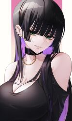 Rule 34 | 1girl, bare shoulders, black hair, bocchi the rock!, border, breasts, choker, chuuni227, cleavage, dress, earrings, green eyes, grin, highres, jewelry, large breasts, long hair, multicolored hair, pa-san, piercing, purple hair, simple background, sleeveless, sleeveless dress, smile, solo, upper body, white border