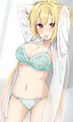 Rule 34 | 1girl, absurdres, ahoge, aqua bra, aqua panties, arihara nanami, arms behind head, arms up, blonde hair, blush, bra, breasts, cleavage, closed mouth, commentary, cowboy shot, dress shirt, eyelashes, eyes visible through hair, frilled bra, frills, frown, furrowed brow, grey background, groin, hair between eyes, hair tie in mouth, highres, large breasts, long hair, looking at viewer, mouth hold, navel, open clothes, open shirt, panties, red eyes, riddle joker, shiny skin, shirt, shy, side-tie panties, silver116, simple background, skindentation, solo, standing, stomach, straight hair, thighs, underwear, very long hair, white shirt