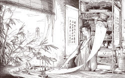 Rule 34 | 1boy, arm up, bamboo, bamboo screen, bare arms, basket, book, brush rest, chinese clothes, day, folding fan, hair bun, hair ornament, hand fan, hanfu, headband, highres, holding, holding paintbrush, holding paper, hyphen (pixiv5186743), indoors, inkwell, long hair, long sleeves, male focus, monochrome, mouth hold, jiangnan baijingtu, paintbrush, paintbrush hair ornament, paintbrush rack, paper, robe, round window, scroll, shelf, shen zhou, sideways glance, single hair bun, solo, table, tasuki, updo, upper body, vase, wide sleeves, window