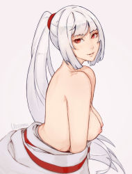 Rule 34 | 1girl, artist name, bare shoulders, breasts, female focus, japanese clothes, large breasts, long hair, looking at viewer, looking back, miko, nipples, no bra, original, ponytail, red eyes, sidelocks, simple background, smile, solo, topless frame, unsomnus, upper body, white background, white hair