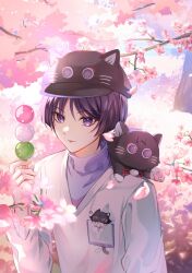 Rule 34 | 1boy, animal ears, animal hat, black hat, cat ears, cat hat, cherry blossoms, closed mouth, dango, food, genshin impact, hair between eyes, hat, highres, holding, holding food, long sleeves, male focus, namimenou, purple eyes, purple hair, purple shirt, sanshoku dango, scaramouche (cat) (genshin impact), scaramouche (genshin impact), shirt, short hair, smile, solo, tongue, tongue out, wagashi, white shirt