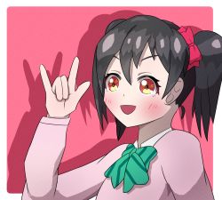 Rule 34 | 1girl, artist name, artist request, black hair, blush, bow, bowtie, breasts, cardigan, collared shirt, female focus, green bow, green bowtie, hair between eyes, hair bow, highres, jacket, long hair, long sleeves, looking at viewer, love live!, love live! school idol project, m/, nico nico nii, otonokizaka school uniform, parted lips, pink background, pink cardigan, pink jacket, pink shirt, red bow, red eyes, school uniform, shirt, short hair, short twintails, small breasts, smile, solo, striped bow, striped bowtie, striped clothes, twintails, upper body, v-shaped eyebrows, yazawa nico