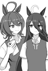 Rule 34 | 2girls, absurdres, agnes tachyon (umamusume), ahoge, animal ears, black hair, blush, breasts, cellphone, collared shirt, commentary request, greyscale, grin, hair between eyes, hand on another&#039;s arm, highres, holding, holding phone, horse ears, horse girl, long hair, manhattan cafe (umamusume), medium breasts, miya nns35, monochrome, multicolored hair, multiple girls, open mouth, phone, shirt, short sleeves, side-by-side, simple background, smartphone, smile, streaked hair, sweater vest, umamusume, upper body, very long hair, white background, white shirt