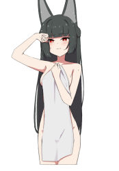 1girl animal_ears arm_up black_hair blunt_bangs chirun0 closed_mouth collarbone fox_ears fox_girl highres holding holding_towel hoshimi_miyabi long_hair looking_at_viewer red_eyes sidelocks simple_background solo thighs towel wet white_background zenless_zone_zero