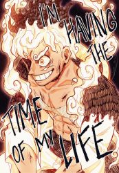 Rule 34 | 1boy, abs, fiery hair, gear fifth, grin, highres, male focus, maria (yoru chii), monkey d. luffy, navel, one piece, pants, scar, scar on chest, smile, solo, spoilers, white hair, white pants, wide-eyed, yellow eyes