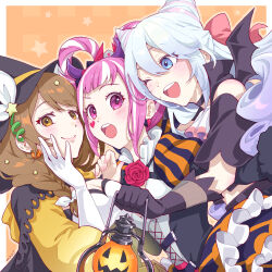 Rule 34 | 1boy, alternate costume, blue hair, breasts, brown hair, dress, fire emblem, fire emblem engage, flower, folded twintails, goldmary (fire emblem), hair between eyes, halloween, halloween costume, hat, highres, hime cut, hortensia (fire emblem), hug, jack-o&#039;-lantern, looking at viewer, medium breasts, mojakkoro, multicolored hair, nintendo, red flower, red rose, rosado (fire emblem), rose, sidelocks, striped clothes, striped dress, swept bangs, two-tone hair, vertical-striped clothes, vertical-striped dress, witch hat