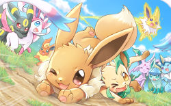 Rule 34 | :d, :o, ;d, blue eyes, blue sky, blush, brown eyes, cloud, creatures (company), day, dutch angle, eevee, espeon, evolutionary line, flareon, forehead jewel, game freak, gen 1 pokemon, gen 2 pokemon, gen 4 pokemon, gen 6 pokemon, glaceon, grass, jolteon, leafeon, looking at viewer, motion lines, nintendo, no humans, one eye closed, open mouth, outdoors, pokemon, pokemon (creature), red eyes, sky, smile, sweatdrop, sylveon, tripping, umbreon, vaporeon, wataametulip