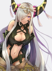 Rule 34 | 1girl, asymmetrical horns, bare shoulders, breasts, cleavage, dragon girl, fire emblem, fire emblem engage, hair ornament, hair over one eye, highres, horns, large breasts, long hair, mature female, navel, nintendo, pointy ears, purple eyes, revealing clothes, smile, solo, tan, tassel, tassel hair ornament, uneven horns, very long hair, white hair, yachimata 1205, zelestia (fire emblem)