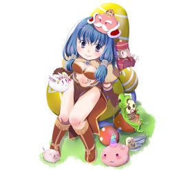 Rule 34 | 1girl, bikini, bikini top only, blue eyes, blue hair, blush, boots, breasts, brown bikini, brown capelet, brown footwear, brown gloves, brown skirt, capelet, character doll, cleavage, closed mouth, commentary request, elbow gloves, full body, gloves, goblin mask, highres, jiangshi, king poring, long hair, looking at viewer, lunatic (ragnarok online), mage (ragnarok online), medium breasts, midriff, munak, mushroom, navel, okosama lunch (sendan), pelvic curtain, poring, ragnarok masters, ragnarok online, rocker (ragnarok online), savage babe, showgirl skirt, sidelocks, sitting, skirt, smile, solo, swimsuit, white background