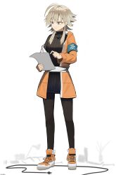 Rule 34 | 1girl, absurdres, ahoge, arknights, armband, black pantyhose, black sweater, blonde hair, blue armband, brown eyes, coat, highres, jacket, makeup, mayer (arknights), northkiyou, open clothes, open jacket, orange coat, pantyhose, reading, shoes, short hair with long locks, sidelocks, simple background, sneakers, solo, sweater, turtleneck, turtleneck sweater, waistband, white background, wire