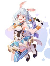 Rule 34 | 1girl, absurdres, animal ear fluff, animal ears, arm garter, asymmetrical legwear, black ribbon, blue hair, blush, boots, braid, breasts, carrot hair ornament, corset, food-themed hair ornament, gloves, gradient eyes, hair ornament, highres, hikimayu, hololive, hololive fantasy, jumping, long hair, looking at viewer, microphone, mismatched legwear, multicolored eyes, multicolored hair, one eye closed, open mouth, orange eyes, pinkusan, pleated skirt, rabbit-shaped pupils, rabbit ears, rabbit girl, rabbit tail, ribbon, short eyebrows, sidelocks, simple background, single thighhigh, skirt, sleeveless, small breasts, smile, solo, star (symbol), striped clothes, striped thighhighs, swept bangs, symbol-shaped pupils, tail, thighhighs, twin braids, two-tone background, two-tone footwear, two-tone hair, usada pekora, vertical-striped clothes, vertical-striped thighhighs, virtual youtuber, waving, white gloves, white hair