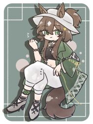 Rule 34 | 1girl, animal ear fluff, animal ears, arknights, blush, brown hair, closed mouth, commentary request, crop top, crossed legs, drooling, ears through headwear, full body, green eyes, green jacket, grey footwear, grey pants, hair between eyes, hair through headwear, hand up, high heels, highres, jacket, long sleeves, meteor (arknights), meteor (bard&#039;s holiday) (arknights), midriff, navel, notice lines, nunnuje a u e, open clothes, open jacket, pants, ponytail, puffy pants, shoes, smile, solo, tail, wide sleeves