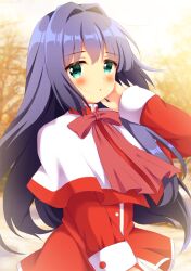 Rule 34 | 1girl, bare tree, blue hair, blush, bow, bowtie, capelet, commentary, dress, green eyes, hair intakes, hand in own hair, highres, kanon, long hair, long sleeves, looking at viewer, minase nayuki, outdoors, pink bow, pink bowtie, red dress, solo, tree, upper body, white capelet, yoimatsuri (ichimen no)