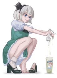 Rule 34 | 1girl, absurdres, barefoot, black ribbon, blue eyes, bobby socks, cup, drink, feet, green skirt, green vest, high heels, highres, konpaku youmu, mary janes, mixue, nail polish, ribbon, shirt, shoes, simple background, single shoe, single sock, skirt, socks, squatting, sweat, sweatdrop, tabi, tiptoes, toenail polish, toenails, toes, touhou, uniform, unworn shoes, vest, white background, white hair, white shirt, white socks, yukiale